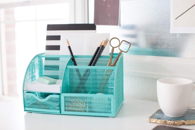BLU MONACO Aqua Desk Organizer | Metal Turquoise Stationery Holder With Drawer and Compartments | Desktop Storage for School, Bedroom, Locker and Home | 5.5â€D x 8.6â€W x 5â€H Accessory Caddy - Image 4